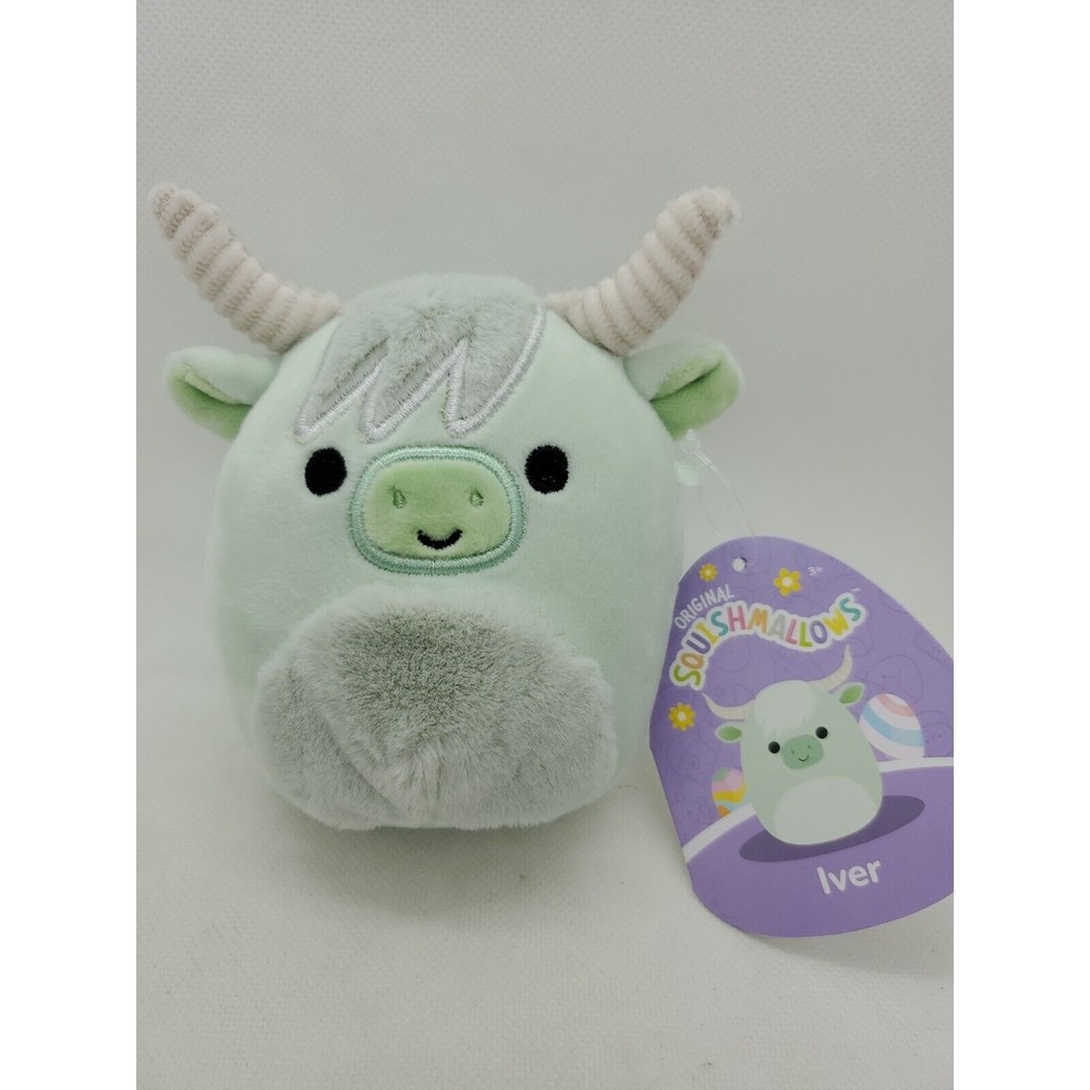 Squishmallow 4.5” IVER Mint Green Highland Cow KellyToy Fuzzy Belly Easter BNWT